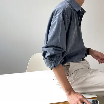 Нишевая джинсовая рубашка в стиле ретро, мужская японская свободная повседневная простота, карго-топ, мужская однотонная износостойкая классическая джинсовая рубашка - Изображение 2  