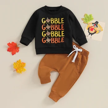Одежда для маленьких мальчиков на День Благодарения, толстовки с длинными рукавами и буквенным принтом Индейки, топы, однотонные длинные брюки, комплект одежды для мальчиков из 2 предметов - Изображение 2  