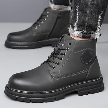Осенне-зимние мужские ботинки на платформе, модные повседневные теплые рабочие ботильоны, мужская однотонная обувь из коровьей кожи - Изображение 2  