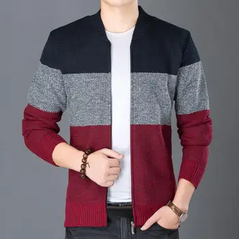 Осенне-зимний мужской вязаный кардиган контрастного цвета в полоску с V-образным вырезом и длинным рукавом, приталенный свитер с застежкой-молнией, пальто, мужская одежда - Изображение 2  