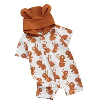 Пасхальные наряды для новорожденных мальчиков и девочек, комбинезон с кроликом, комбинезон с капюшоном, Мультяшная одежда для младенцев с коротким рукавом и пуговицами - Изображение 2  