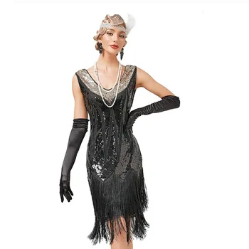 Платье с V-образным воротником и кисточками 1920-х годов, европейский и американский ретро-костюм Гэтсби, бал для латиноамериканских танцев, платье с блестками и бисером - Изображение 2  