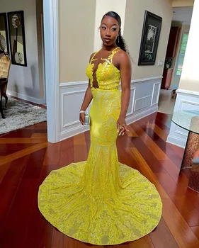 Привлекательные ярко-желтые кружевные длинные платья для выпускного вечера в африканском стиле, сексуальные платья для официальных мероприятий Mermad Aso Ebi - Изображение 2  