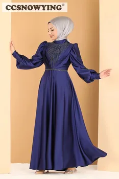 Простые аппликации, расшитые бисером Мусульманские вечерние платья с длинным рукавом, исламские вечерние платья с высоким воротом, женские арабские вечерние платья - Изображение 2  