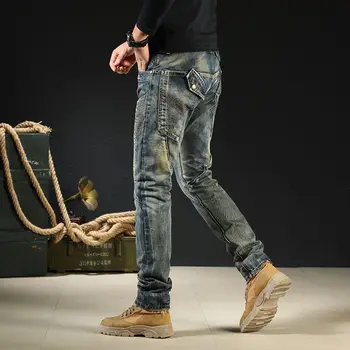 ретро-ностальгические мотоциклетные джинсы, мужские узкие брюки с пуговицами, прямые свободные джинсы tide skinny denim для мужчин - Изображение 2  