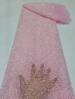 Роскошная Африканская кружевная ткань с бисером 2023 Высококачественная Французская сетка С бисером Кружевная ткань для пошива женских свадебных платьев - Изображение 2  