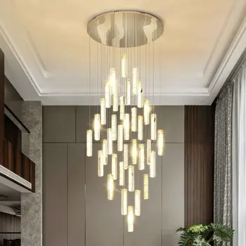 Современная роскошная хрустальная люстра в скандинавском стиле, Золотисто-серебряная светодиодная лампа, Двухуровневая винтовая лестница в здании, Подвесной светильник для столовой - Изображение 2  
