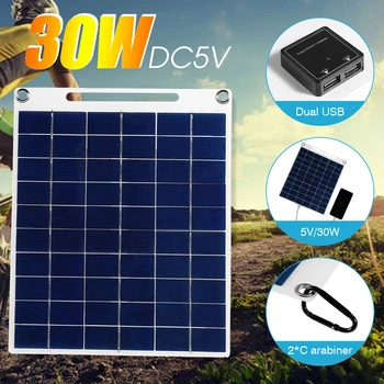 Солнечная панель мощностью 30 Вт, 5 В, Поликремниевый аккумулятор с двумя USB-батареями, Портативная наружная солнечная панель для кемпинга, пеших прогулок, зарядки мобильного телефона - Изображение 2  