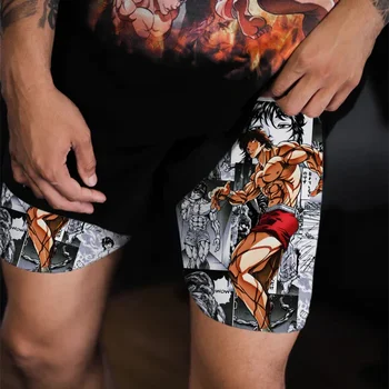 Спортивные шорты Аниме Мужские Baki Hanma Manga с 3D принтом 2 в 1, шорты для тренировок, Быстросохнущие Спортивные Компрессионные Короткие штаны, летние - Изображение 2  