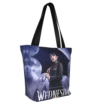 Сумка для покупок из бакалеи Wednesday Addams, холщовая сумка-тоут с принтом, большая вместительная прочная сумка для просмотра комедийных фильмов ужасов - Изображение 2  