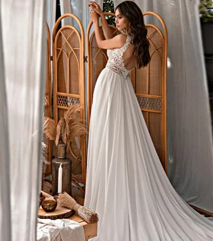 Элегантные Длинные Кружевные свадебные платья с V-образным вырезом и разрезом А-силуэта, Шифоновое платье цвета слоновой кости, свадебное платье на пуговицах сзади, Vestido De Novia - Изображение 2  